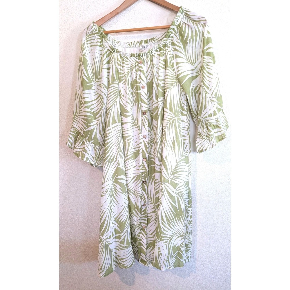 Naif Palm Print Dress L Green White Off Shoulder Boho Flowy Peasant